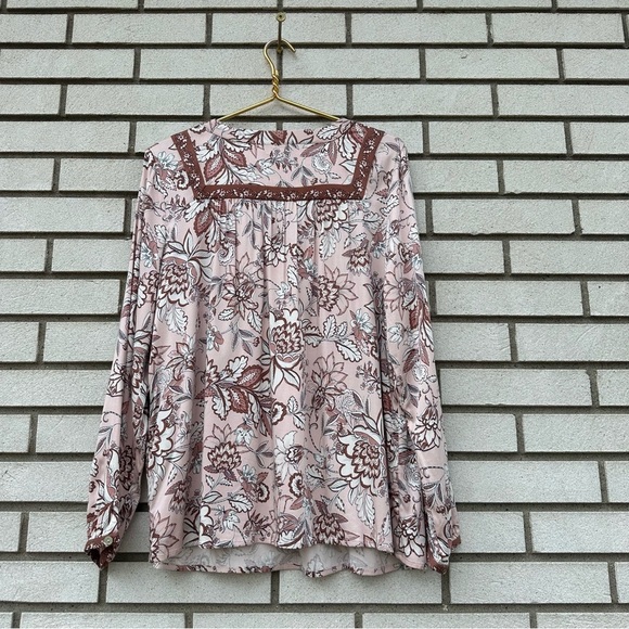 J Jill Floral Long Sleeve V-Neck Bohemian Peasant Contrast Light Pink Blouse Top - Picture 9 of 13